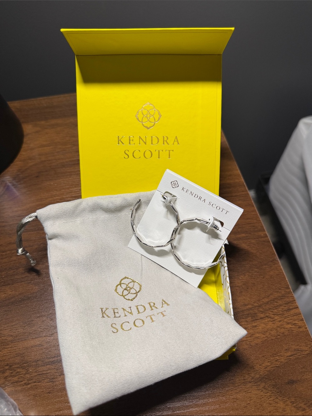 Kendra Scott Silver Textured Hoop Earrings with Yellow Gift Box